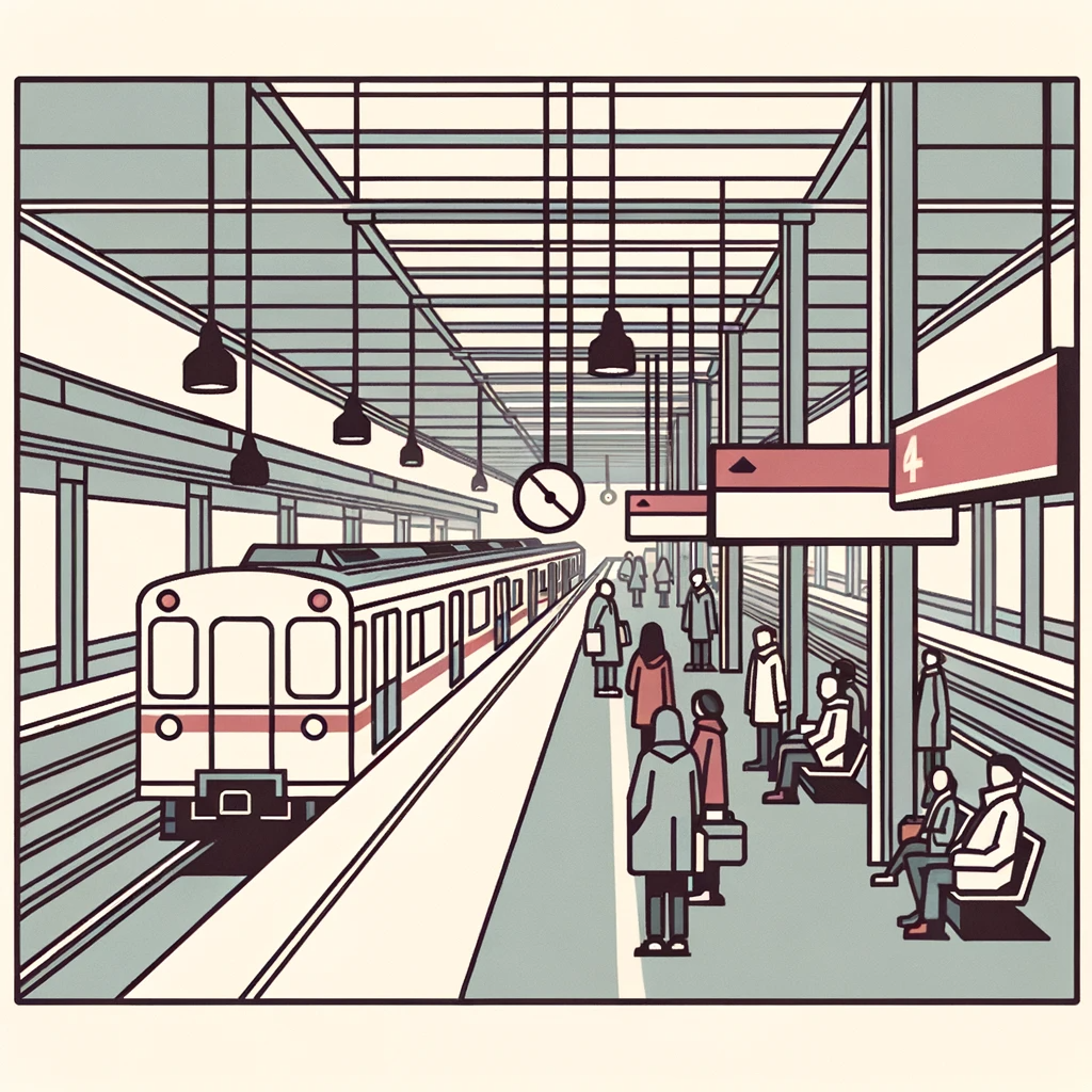 DALL·E 2023-10-23 20.25.36 - Simple line art in muted colors of grey, red, and blue showcasing a train station with passengers waiting, a train approaching, and overhead signs gui