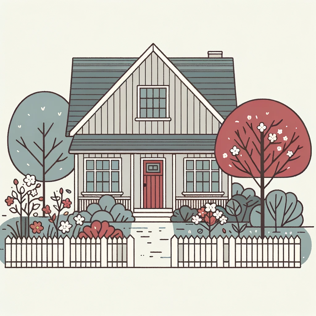 DALL·E 2023-10-23 20.32.08 - Simple line art in muted colors of grey, red, and blue showcasing a detached house with a pitched roof, surrounded by a white picket fence and a bloss