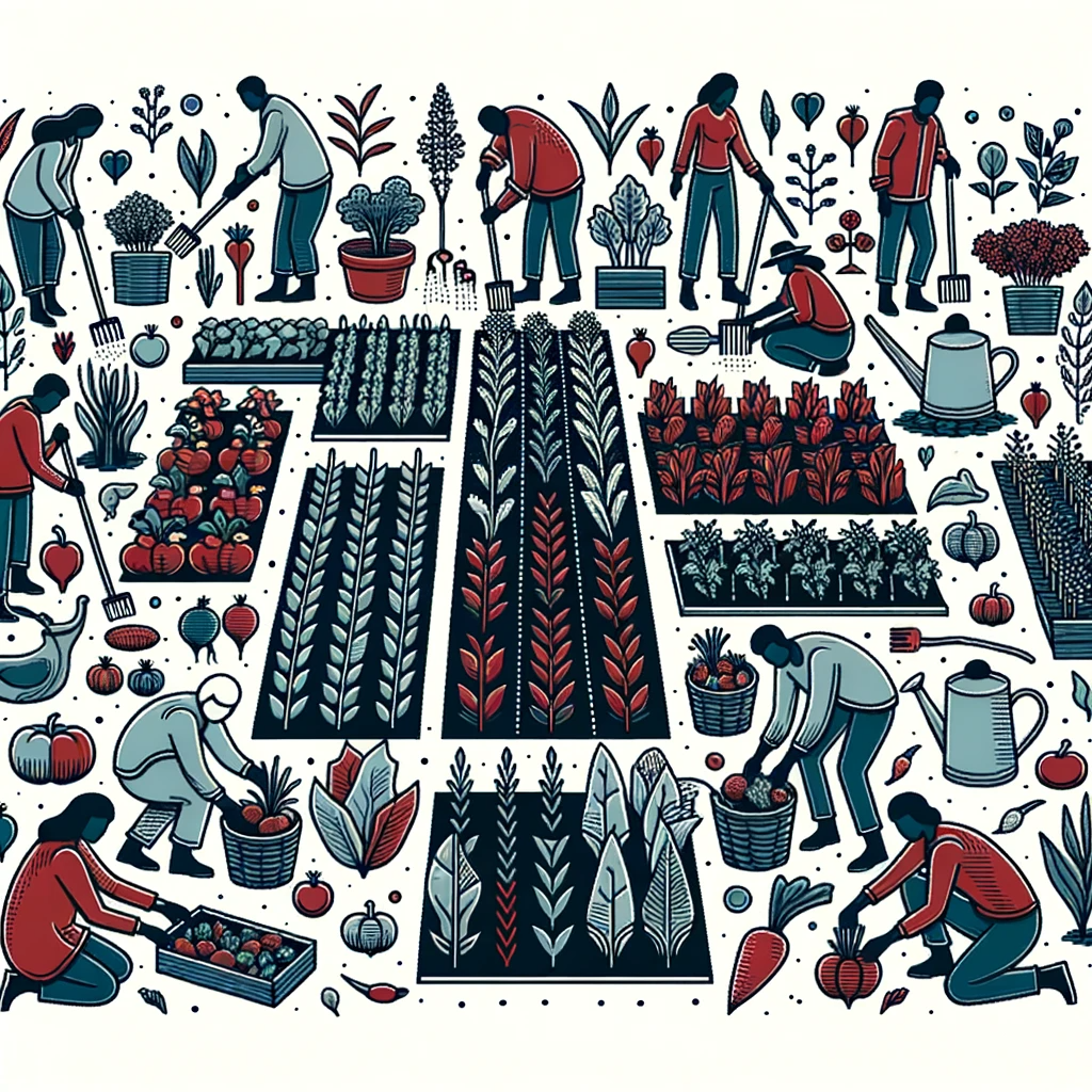 DALL·E 2023-10-23 22.24.49 - Line art in dark shades of grey, red, and blue illustrating a community garden with diverse individuals tending to plots of vegetables, herbs, and fru