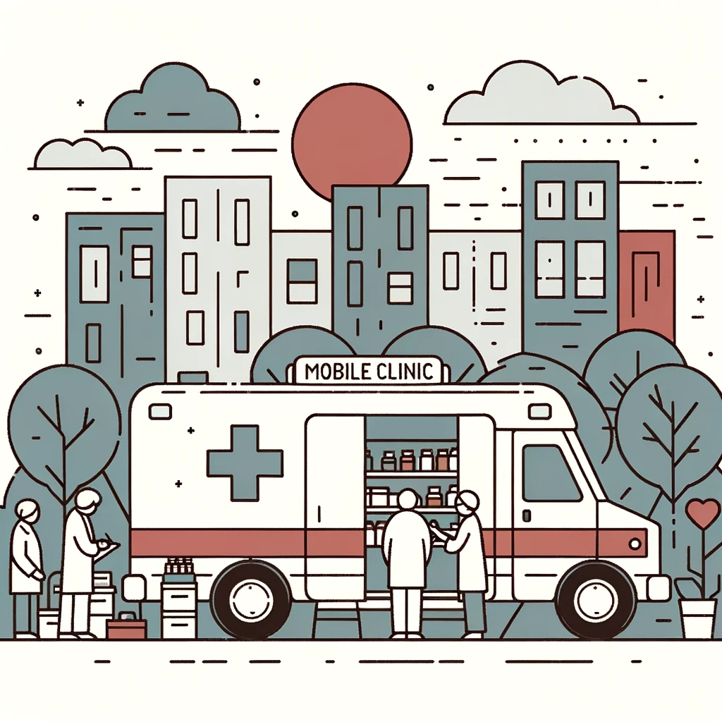 DALL·E 2023-10-23 22.32.47 - Simple line art in muted colors of grey, red, and blue showcasing a mobile clinic van parked in a community setting, with healthcare workers providing