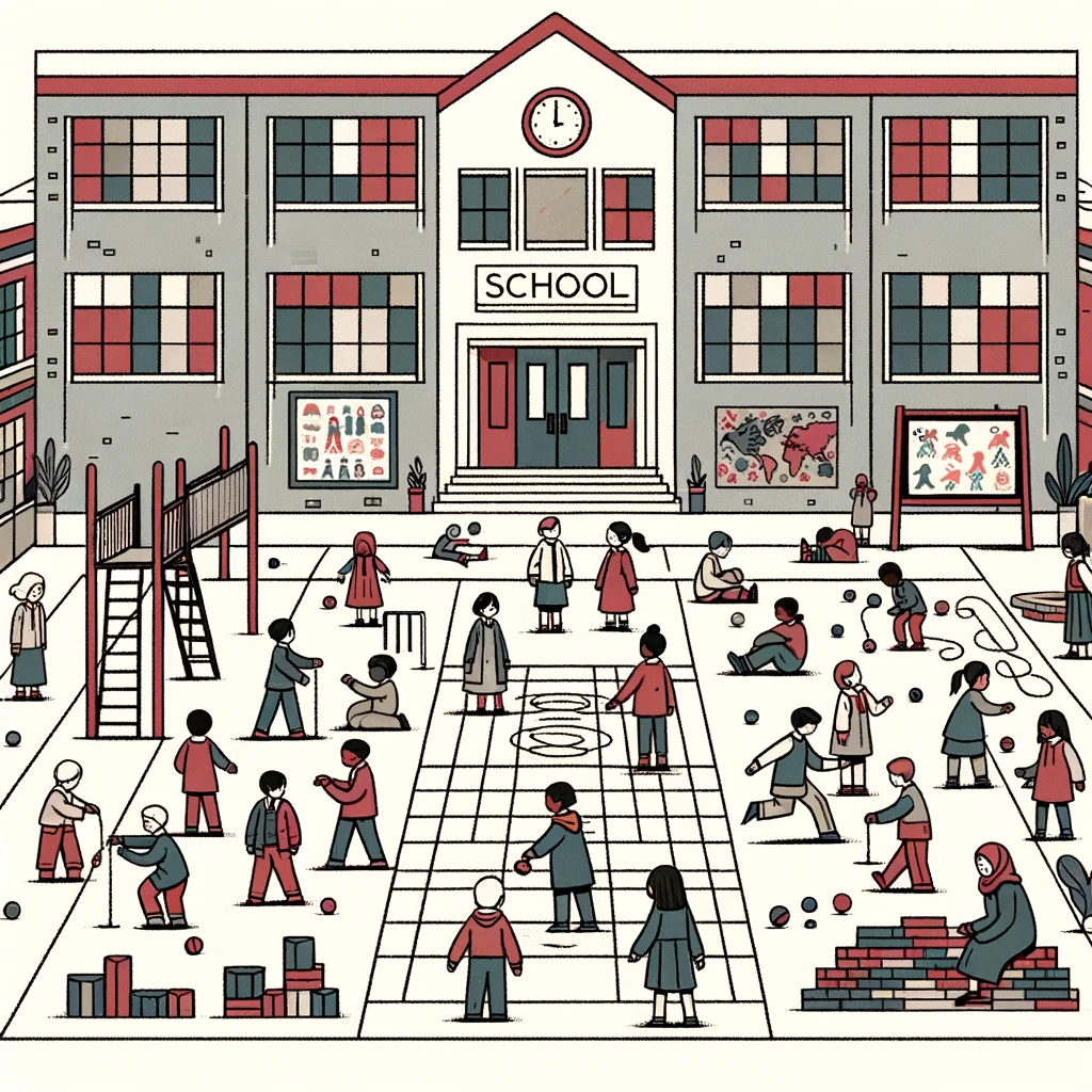 DALL·E 2023-10-23 22.50.14 - Simple line art in muted colors of grey, red, and blue showcasing a bustling schoolyard filled with children from different backgrounds. They engage i