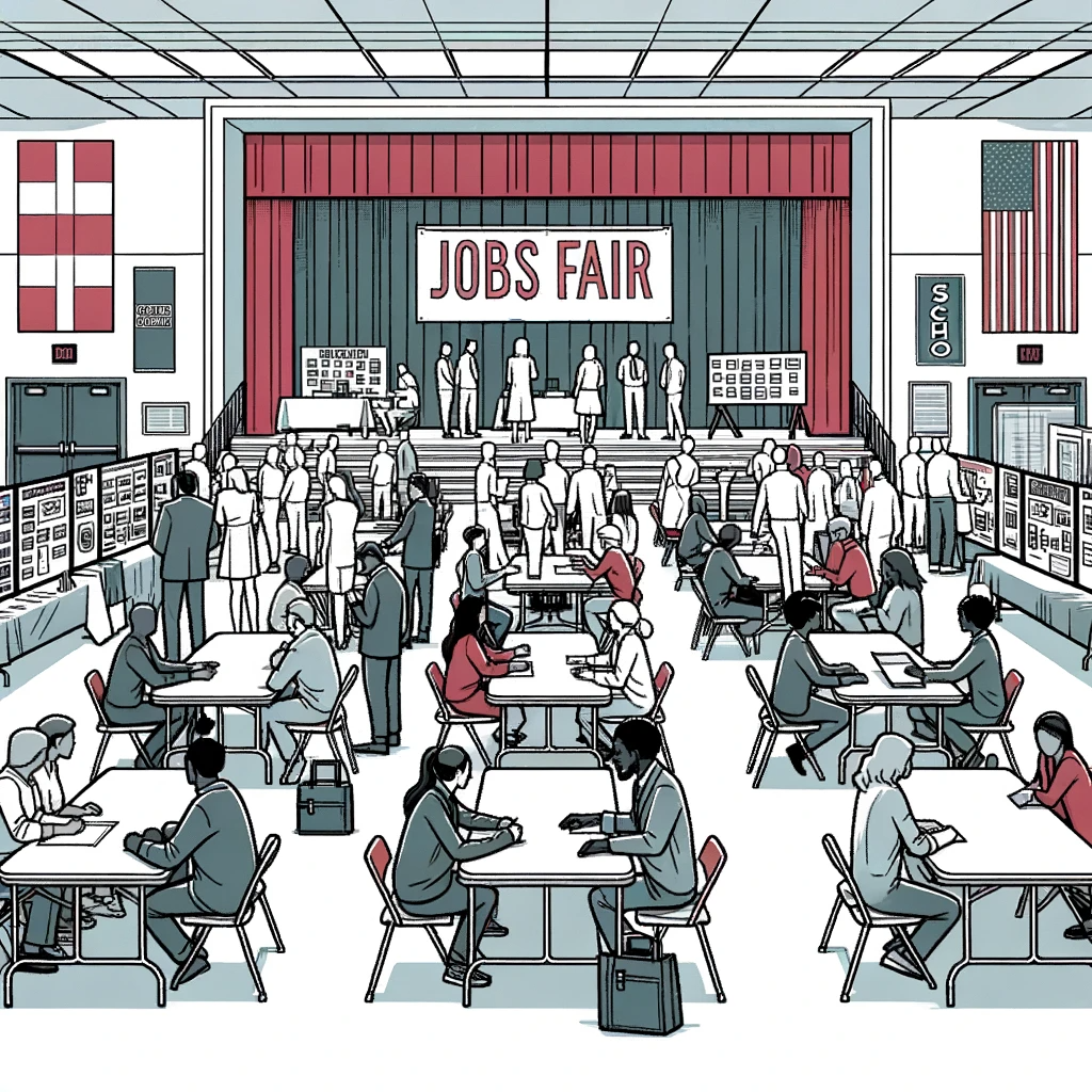 DALL·E 2023-10-23 23.45.31 - Straightforward line drawing in grey, red, and blue tones of a jobs fair in a school cafeteria. Community members of different backgrounds peruse job 